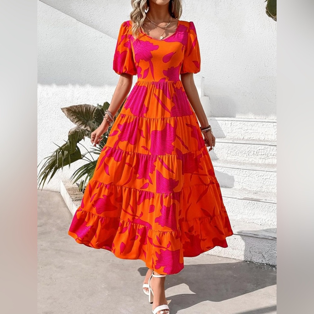 PRETTYGARDEN Short Sleeve Floral Midi Dress